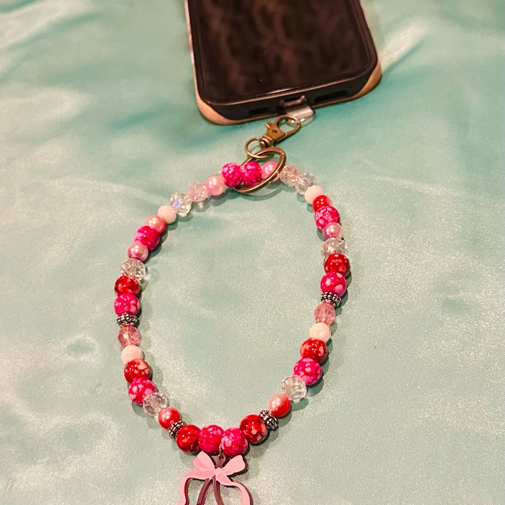 Beaded Phone Wrist Strap with Pink and Red Beads and a Cherry
